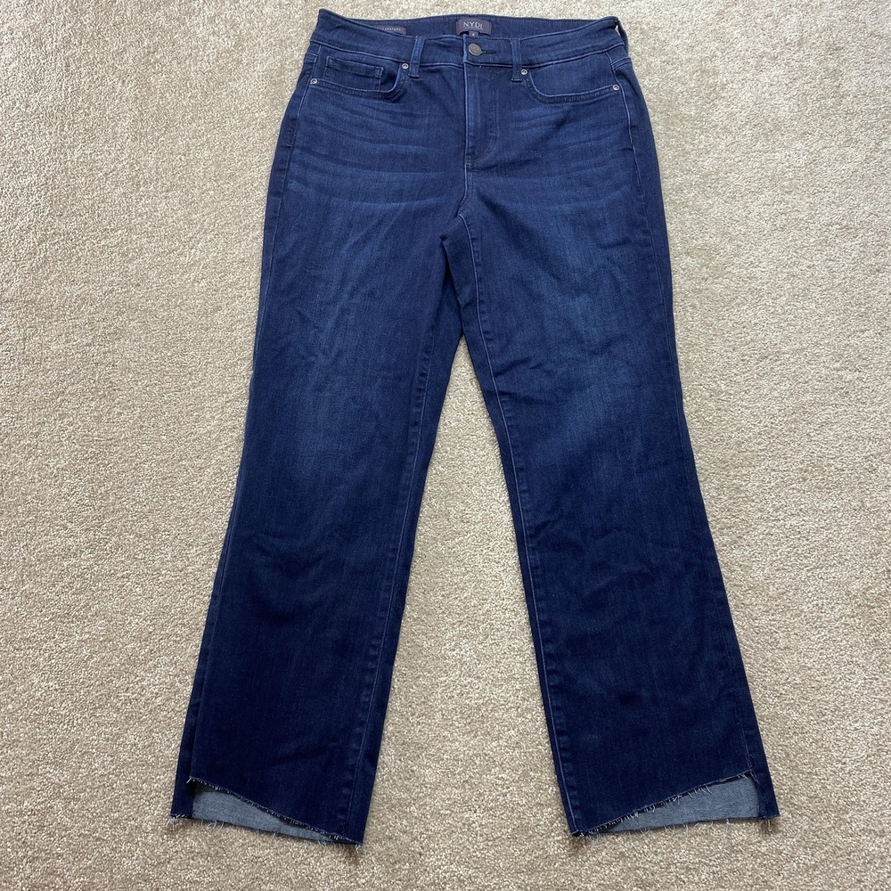 NYDJ Marilyn Straight Jeans Womens 8 Dark Wash Denim Frayed Hem Sure Stretch